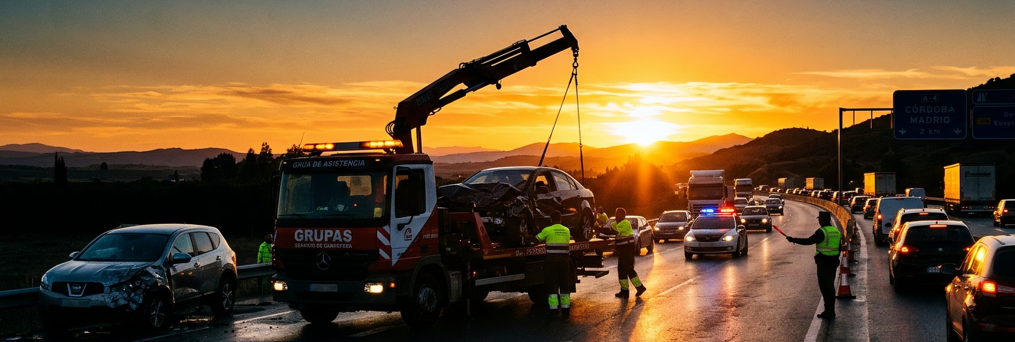 Una grúa de asistencia carga al atardecer un coche accidentado en la autopista, con operarios y tráfico retenido al fondo