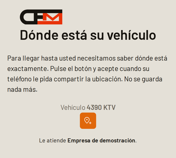 La página en el móvil del asegurado: «Dónde está su vehículo», la matrícula y el botón naranja para compartir la ubicación.