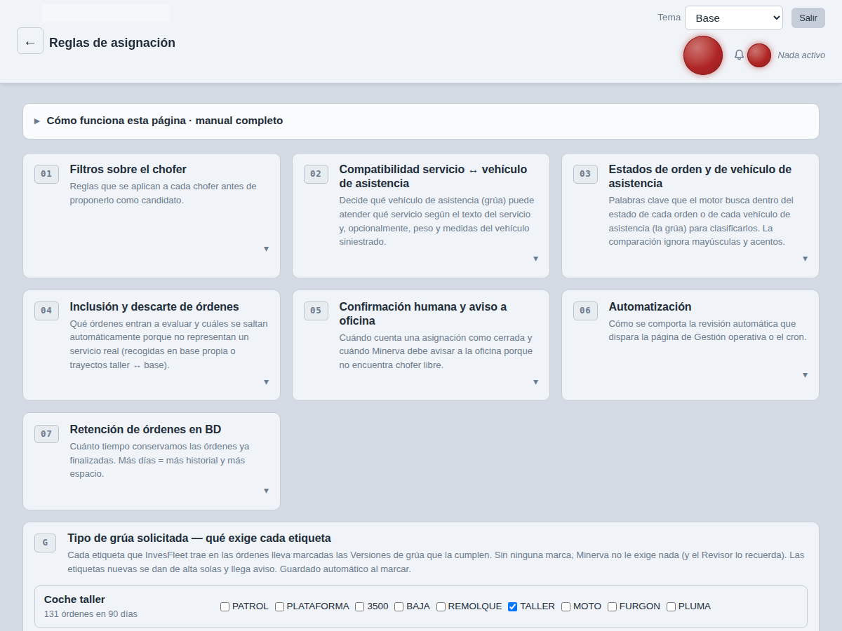 Pantalla de reglas de asignación, con las condiciones agrupadas en fichas y las exigencias de cada tipo de grúa solicitada