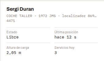 Ficha de un vehículo en el panel: tipo, matrícula y localizador, estado, última posición, altura de carga y servicios del día.